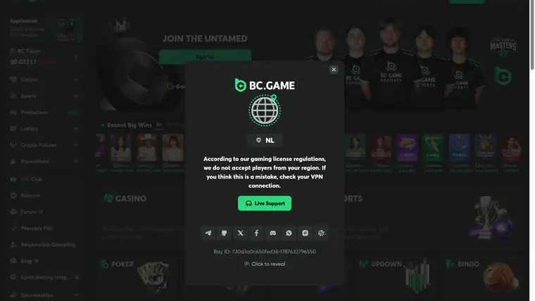 A screenshot of the BC.Game lobby
