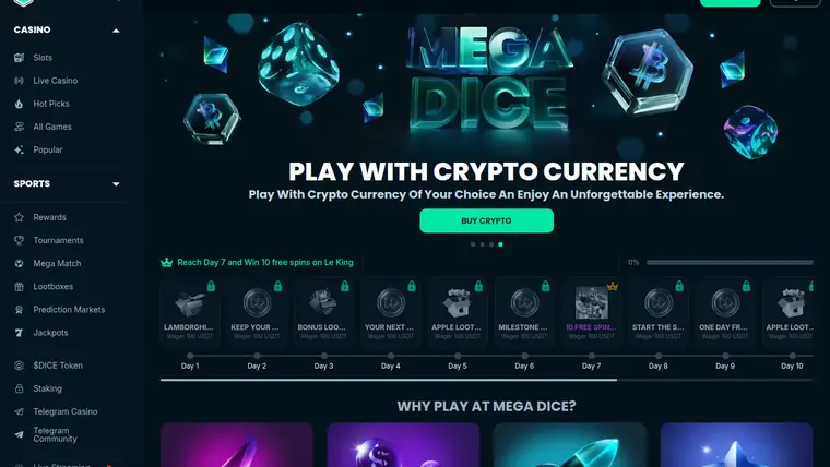 A screenshot of the Mega Dice lobby